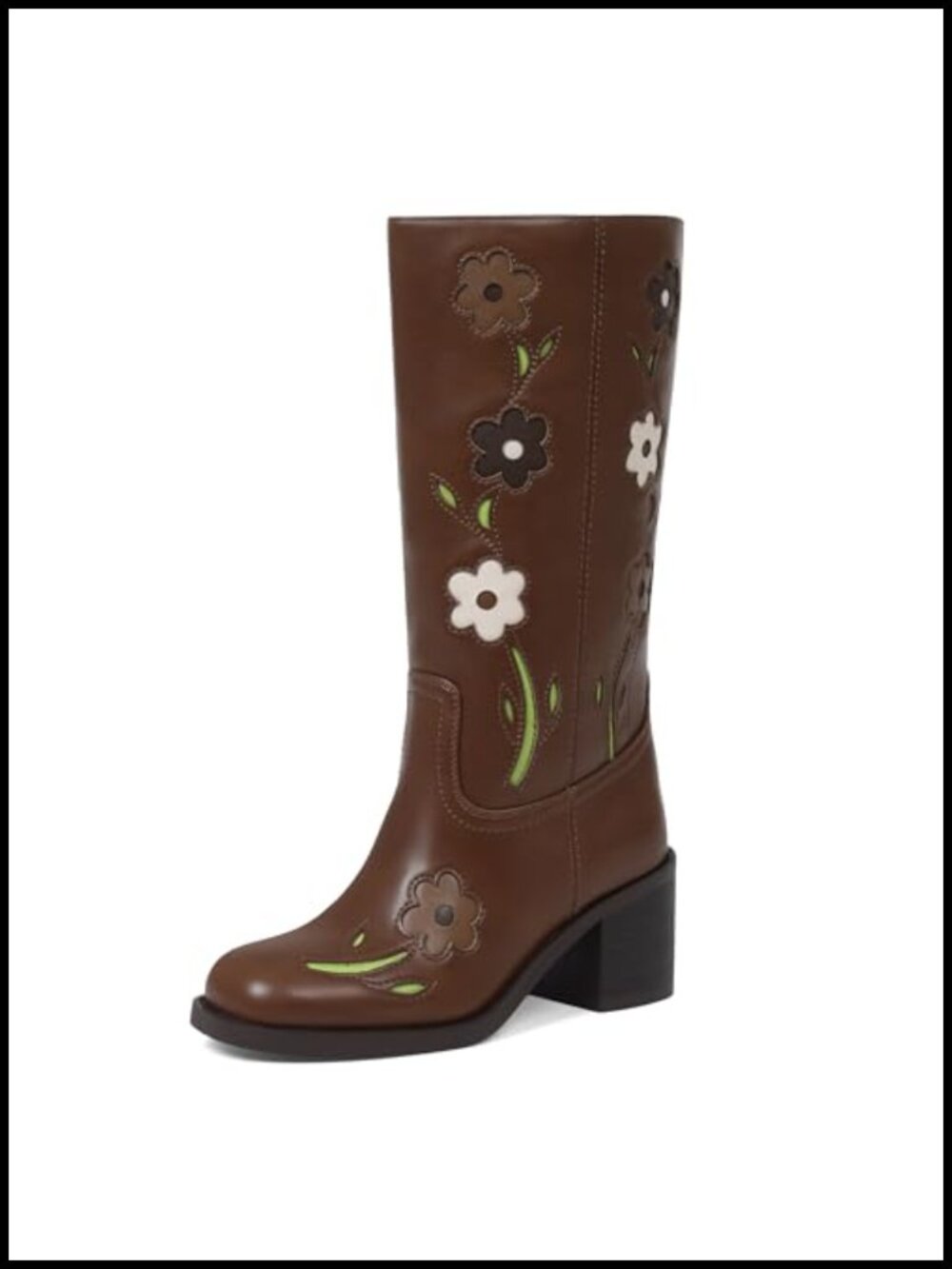 Wide Calf Mid Calf Boots Women Floral Embroidered Chunky Heel Pull-On